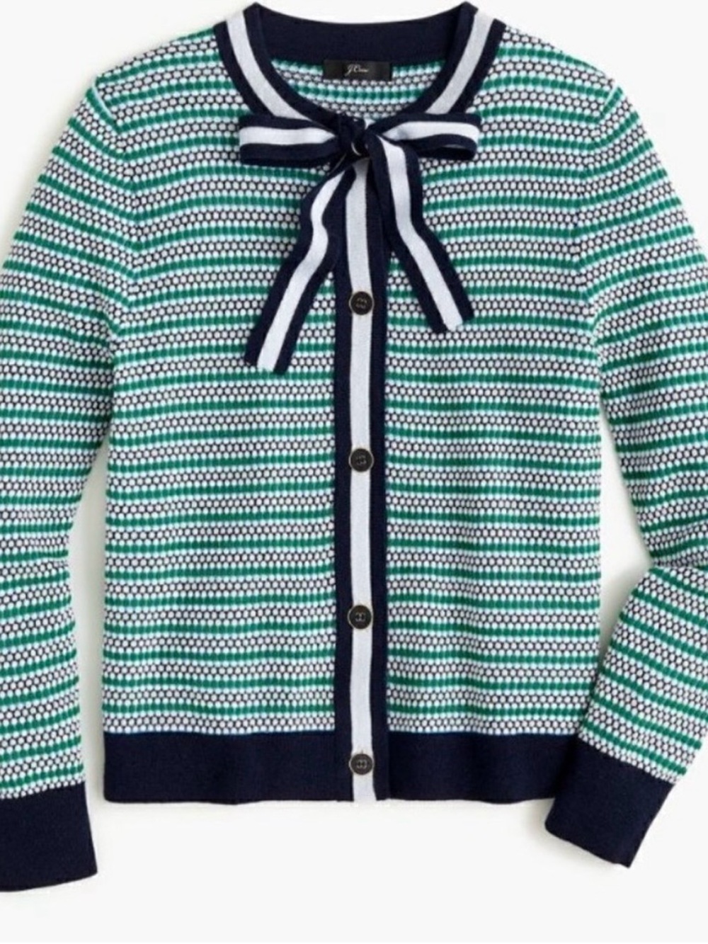 J. Crew Green and Navy Striped Bow-Tie Cardigan
